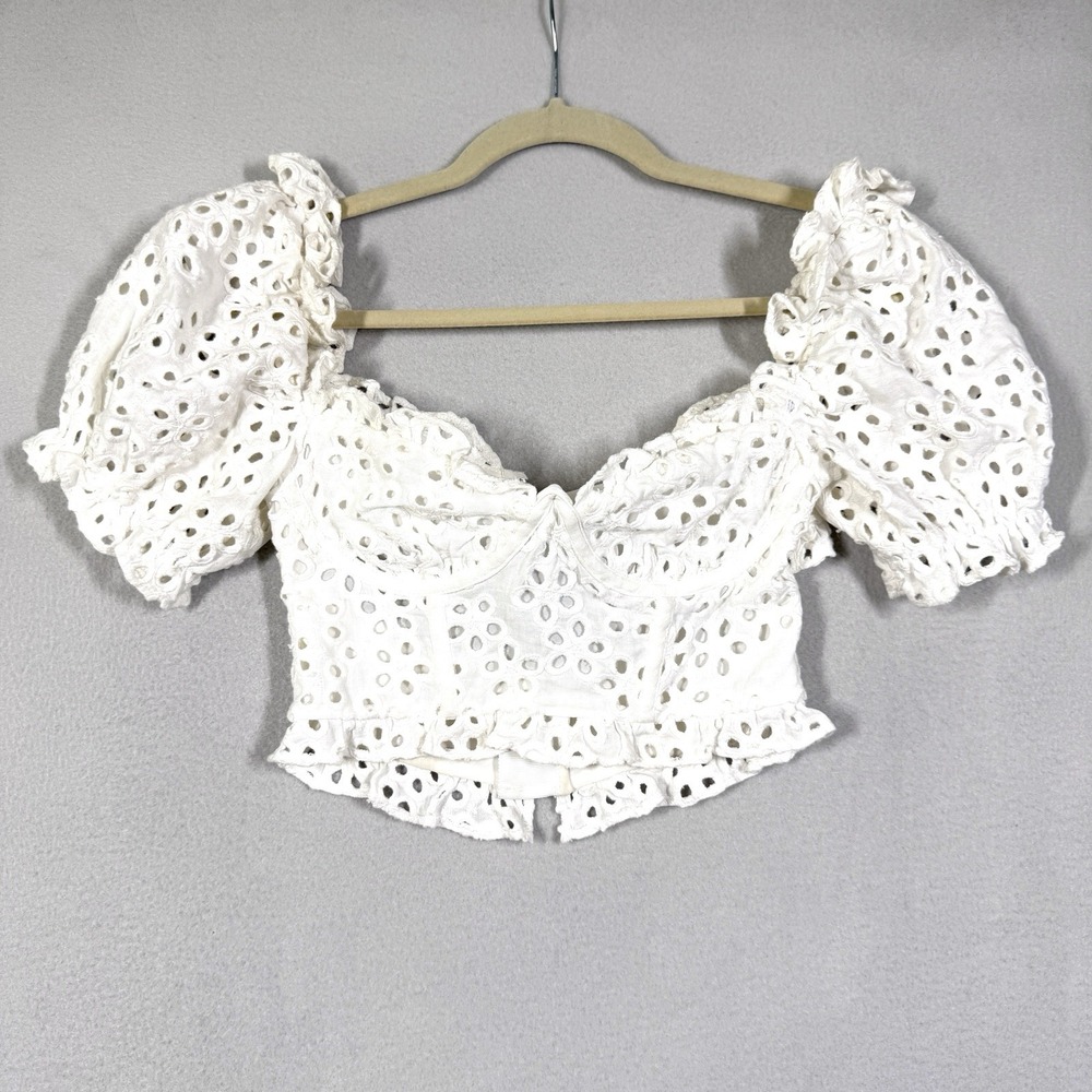 For Love and Lemons Top Women XS Becca Eyelet Crop Ruffle Puff Sleeve Sweetheart